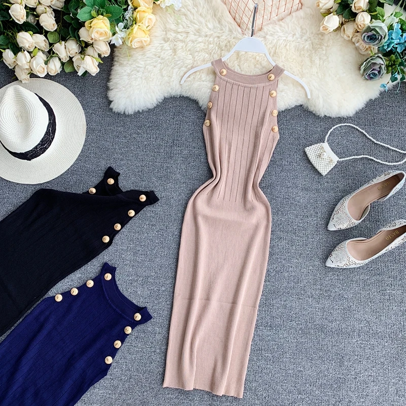 

Amolapha Women Soild Button O Neck Sheath Stretchy Knit Dress Vestidoes Woman Knit Slim Dresses
