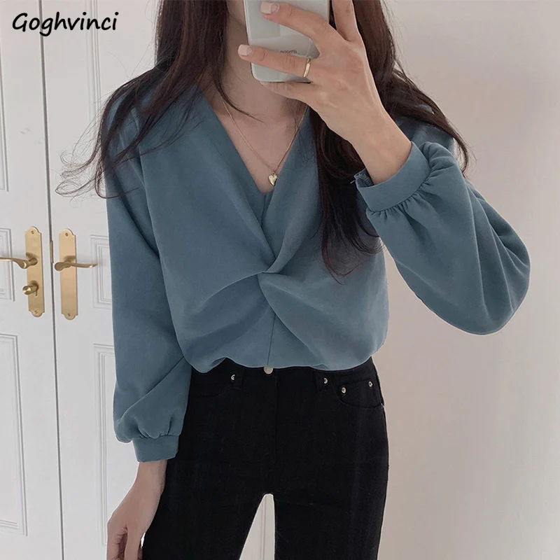 

Women Shirts Solid Bow V-neck Sexy Puff Sleeve Vintage Tops Female Retro Ulzzang Leisure Fashion Design Loose Chemisier Trendy