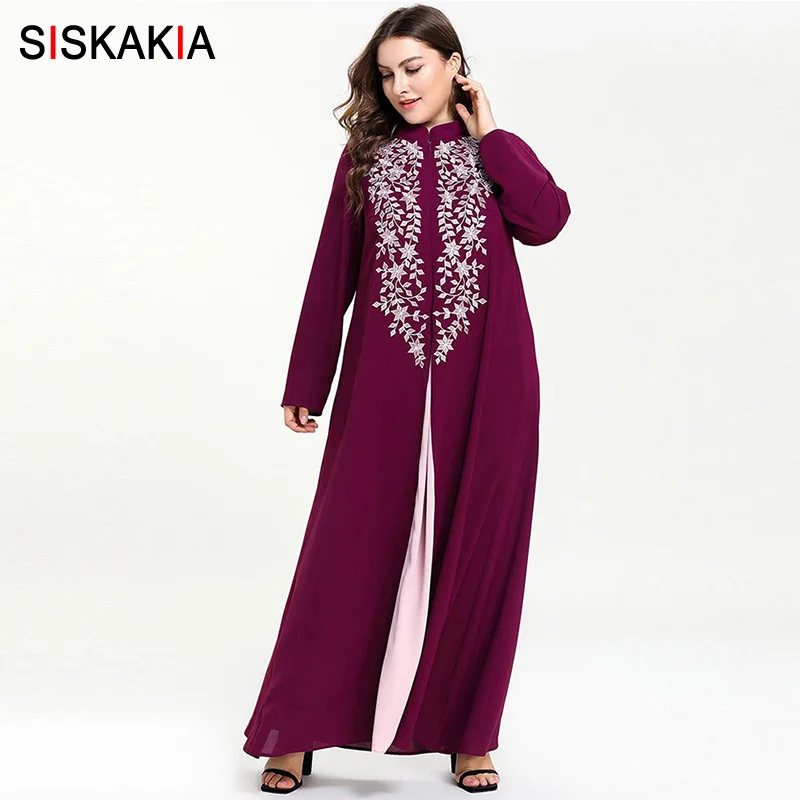 Siskakia модная мусульманская абайя платье нежное Цветочная вышивка женское длинное платье размера плюс Дубай Арабская Турецкая одежда фиолетовый 4XL