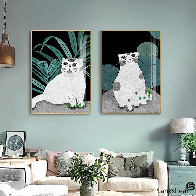 Декор для дома Зеленые растения Художественная картина на холсте с животными, постеры с котами для украшения детской комнаты, современные картинки.