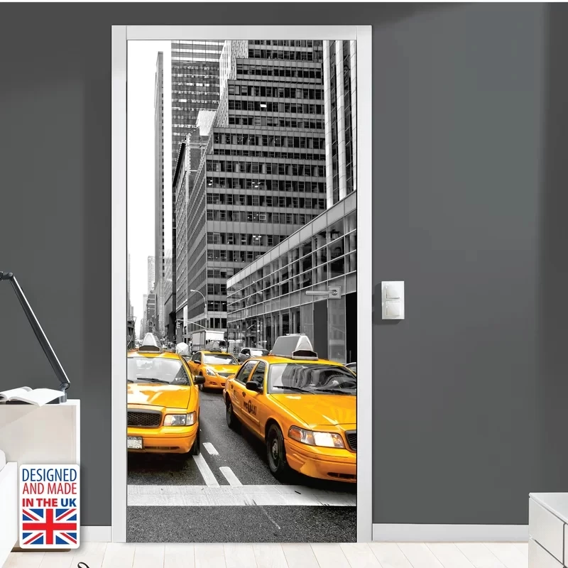 3d Door Sticker Print Picture Self Adhesive Waterproof Wallpaper Home City Buildings Yellow Taxi Decor Wall Art Kids Room Paste | Дом и сад