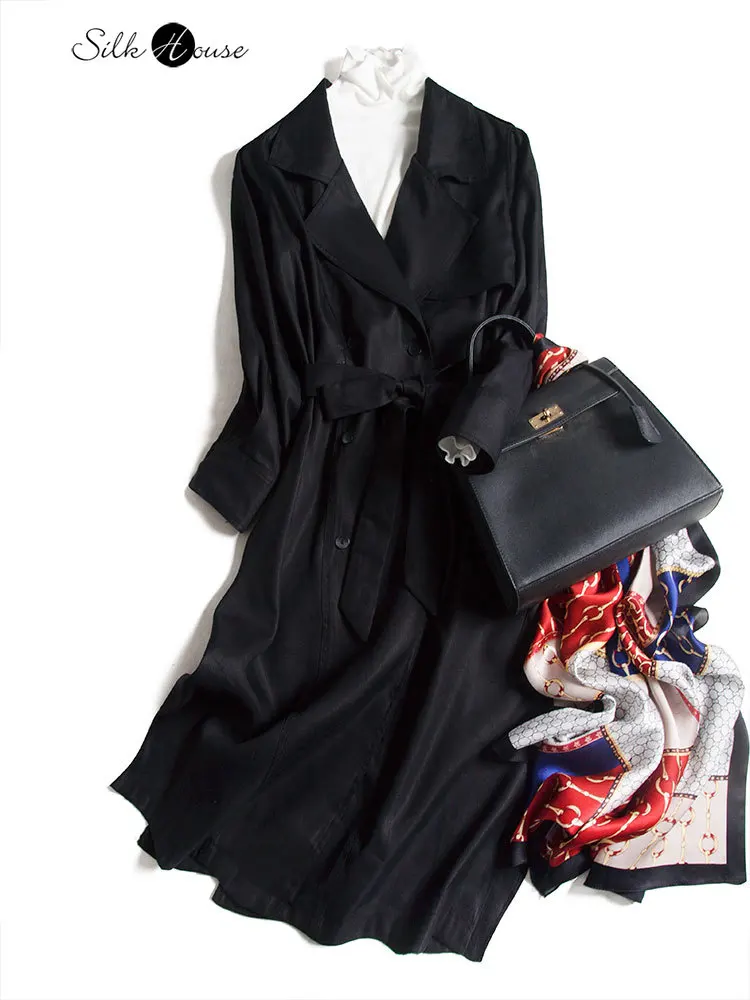 

Heavyweight Satin Silk Windbreaker Medium Length Loose and Thin Over The Knee Jacket Women's Autumn and Winter Skirt 2020