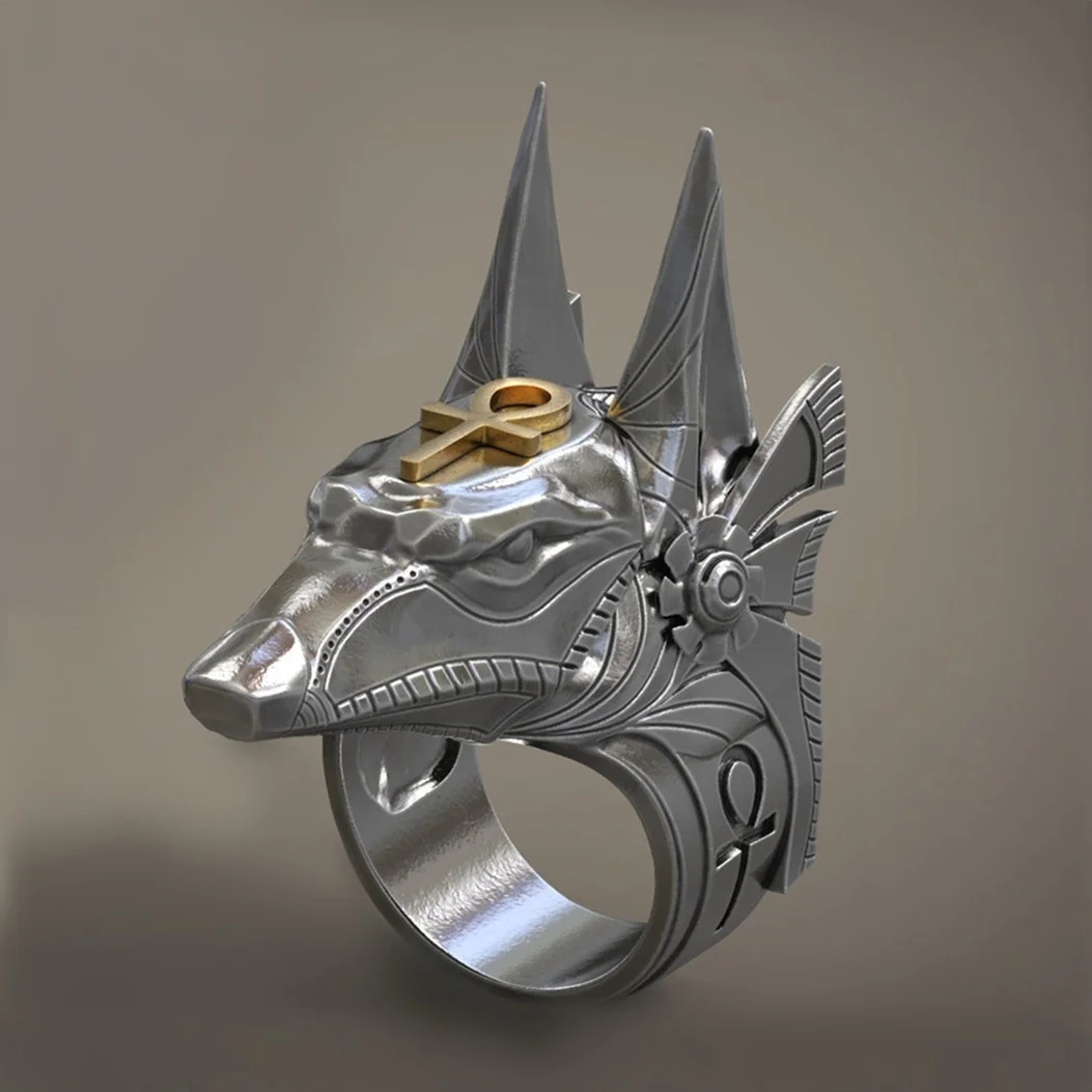 

Fashion Hip Hop Men's 'Ancient Egyptian Pharaoh Anubis God Wolf Head' Silver Color Ring Yellow Color Two-tone Punk Party Jewelry