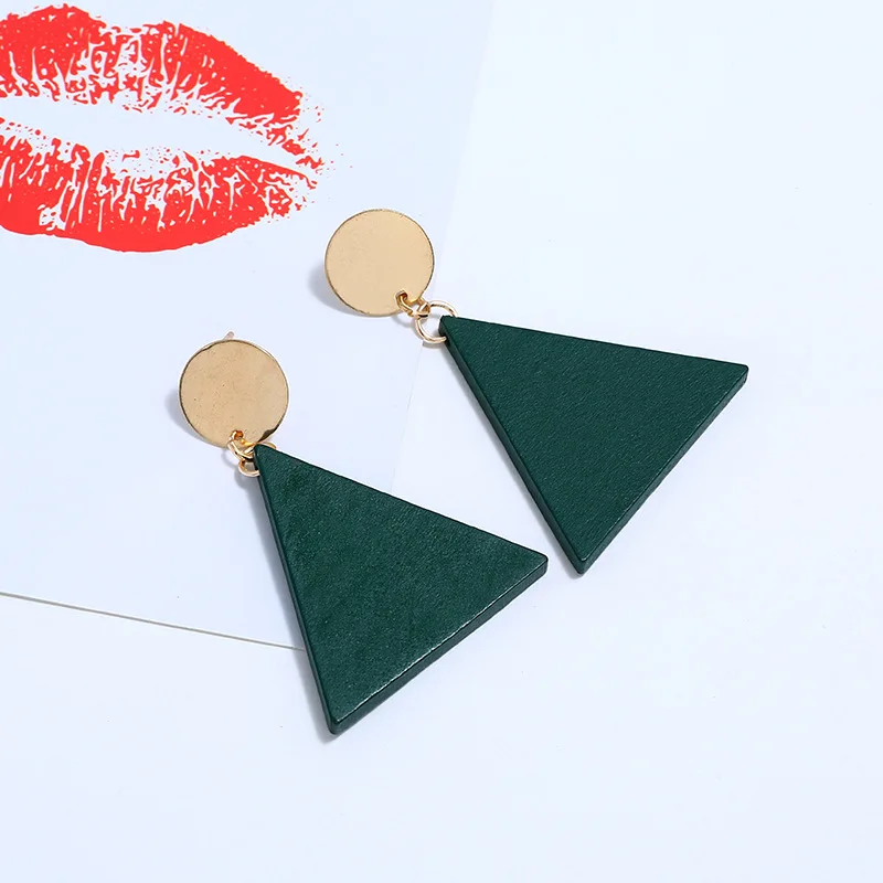 Модные деревянные серьги треугольные круглые геометрические Зеленые Черные для