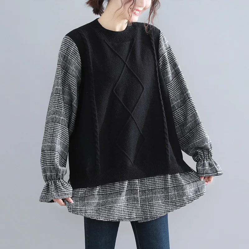 

Women's 2020 Autumn And Winter Tops Stitching Oversized Plaid Long-Sleeved Pullover Sweater Female Sweaters To Keep Warm