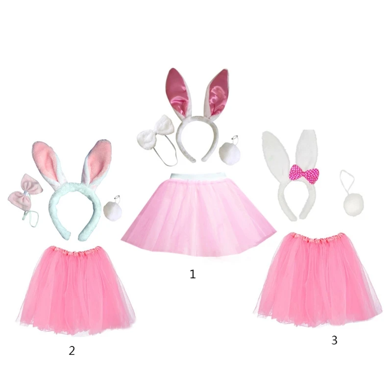 

Easter Bunny Costume Set Rabbit Ears Headband Bowtie Tail with Pink Tutu Skirt