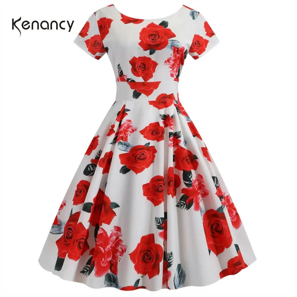 Kenancy женское винтажное платье с цветочным принтом круглым вырезом коротким