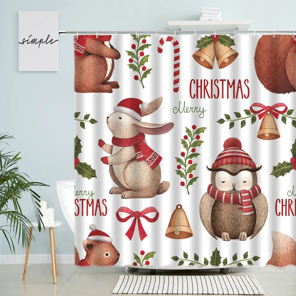 

Cartoon Christmas Shower Curtain Winter Child Bathroom Cute Rabbit Squirrel Bell Fun Animals Bathroom Decor Polyester Curtains