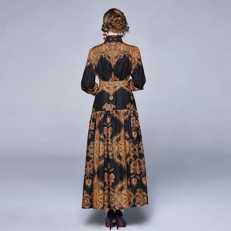 

Lady 2020 New Retro loose Abstract Print Long Sleeve swing Dress Black