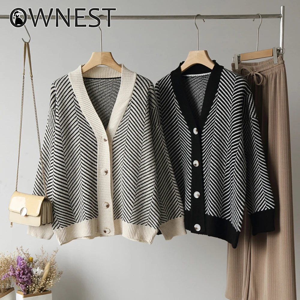 

Ownest 2021 Women's Knitwear Autumn Winter Striped V-Neck Long Sleeve Cardigans Buttons Oversize Korean Style Lady Sweaters Tops