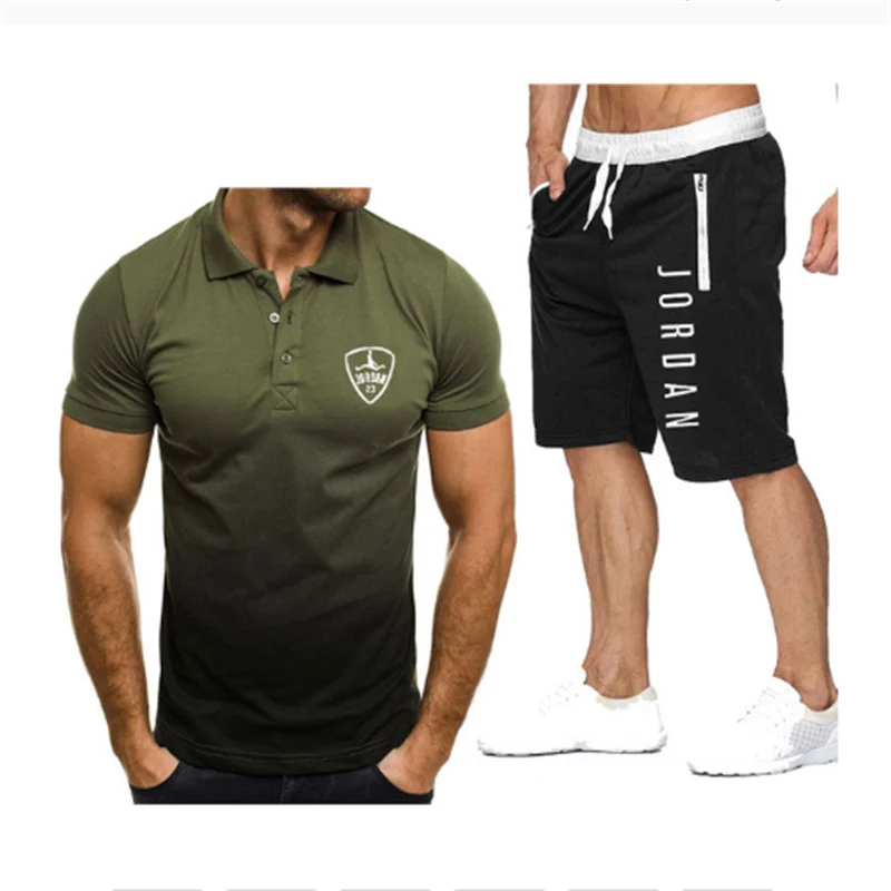 

2021 New Casual Polo Shirt Men's T-shirt Letter Print Fashion Summer Short-sleeved Sports Suit T-shirt + Shorts Men's Two-Piece