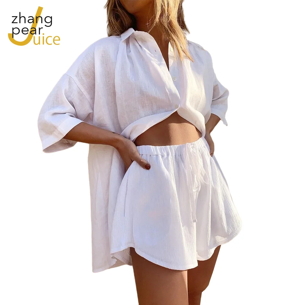 

Women Pure Color Casual Shorts Sets 2021 Summer Short Sleeve Button Shirt Beach Shorts Streetwear Suit 2 Pieces