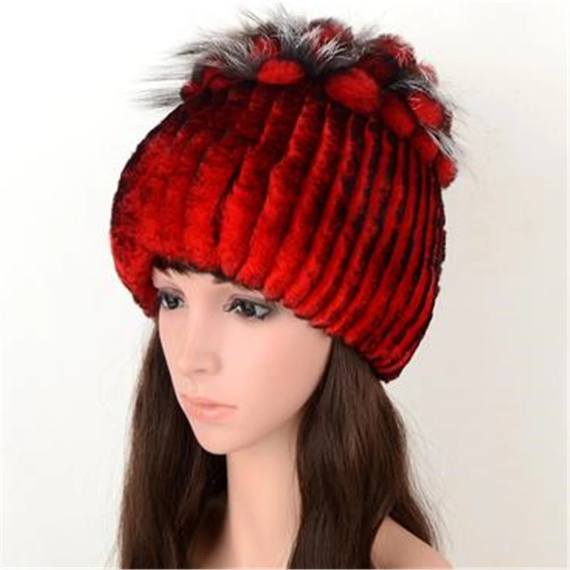 Woman Oversized Winter Gradient Color Stretch Rabbit Fur Bomber Cap Lady Thick Mink Crown Protective Ear Warm Hat | Аксессуары для