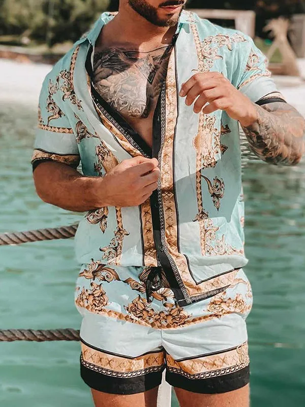 Гавайский комплект, мужской комплект с принтом, Летняя Повседневная рубашка с коротким рукавом и цветочным принтом, пляжный костюм из двух ...