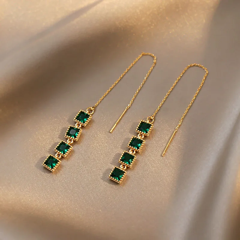 

2021 New Classic Geometric Rectangle Green Crystal Chain Tassel Earrings Girl's Unusual Accessories For Woman Long Tassels Retro