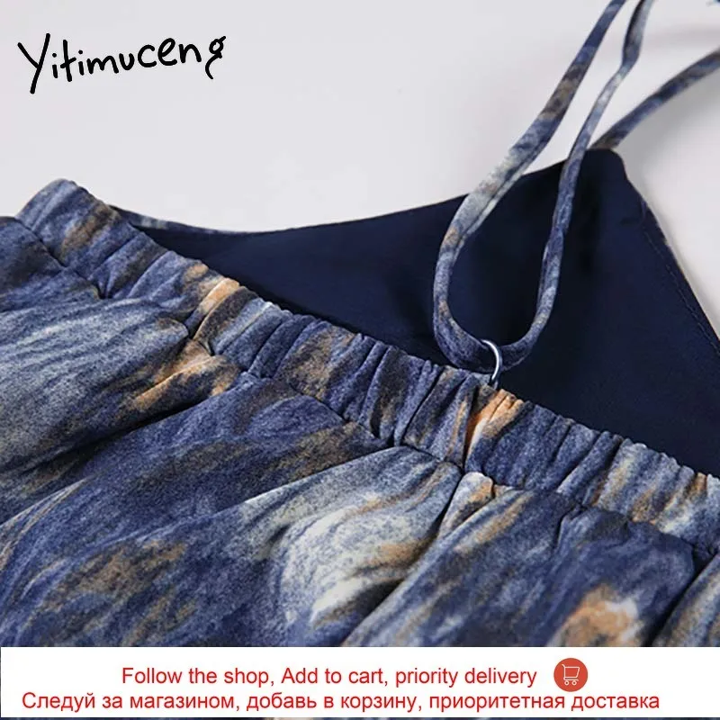 

Yitimuceng Floral Spaghetti Strap Dresses Women Summer Split Fork Bare Shoulder Sexy High Waist Midi Dress 2021 Korean Fashion