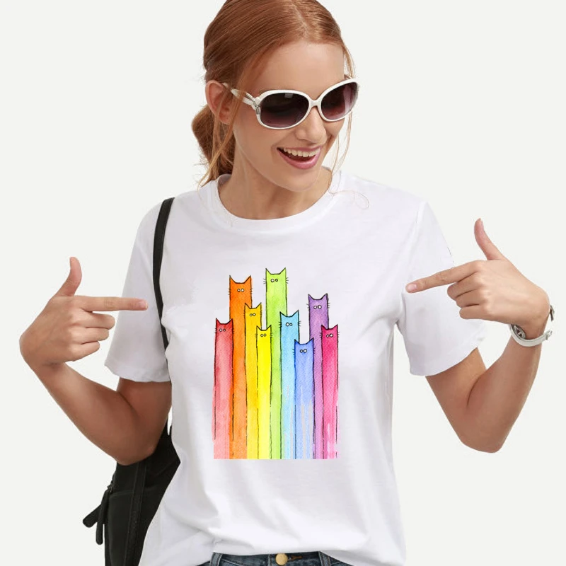 

Aesthetics Graphic Short Sleeve T Shirts Female Camisetas Verano Mujer Cute Colorful Long neck Cat printed Women t shirt