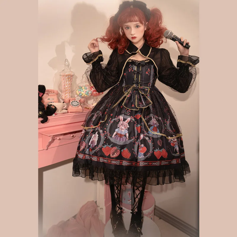 

Gothic Lolita Dark Wind Jsk Soft Sister Dress Retro Dark Cartoon Rabbit Lolita Sleeveless Dress Female Victoria Cool Punk Party