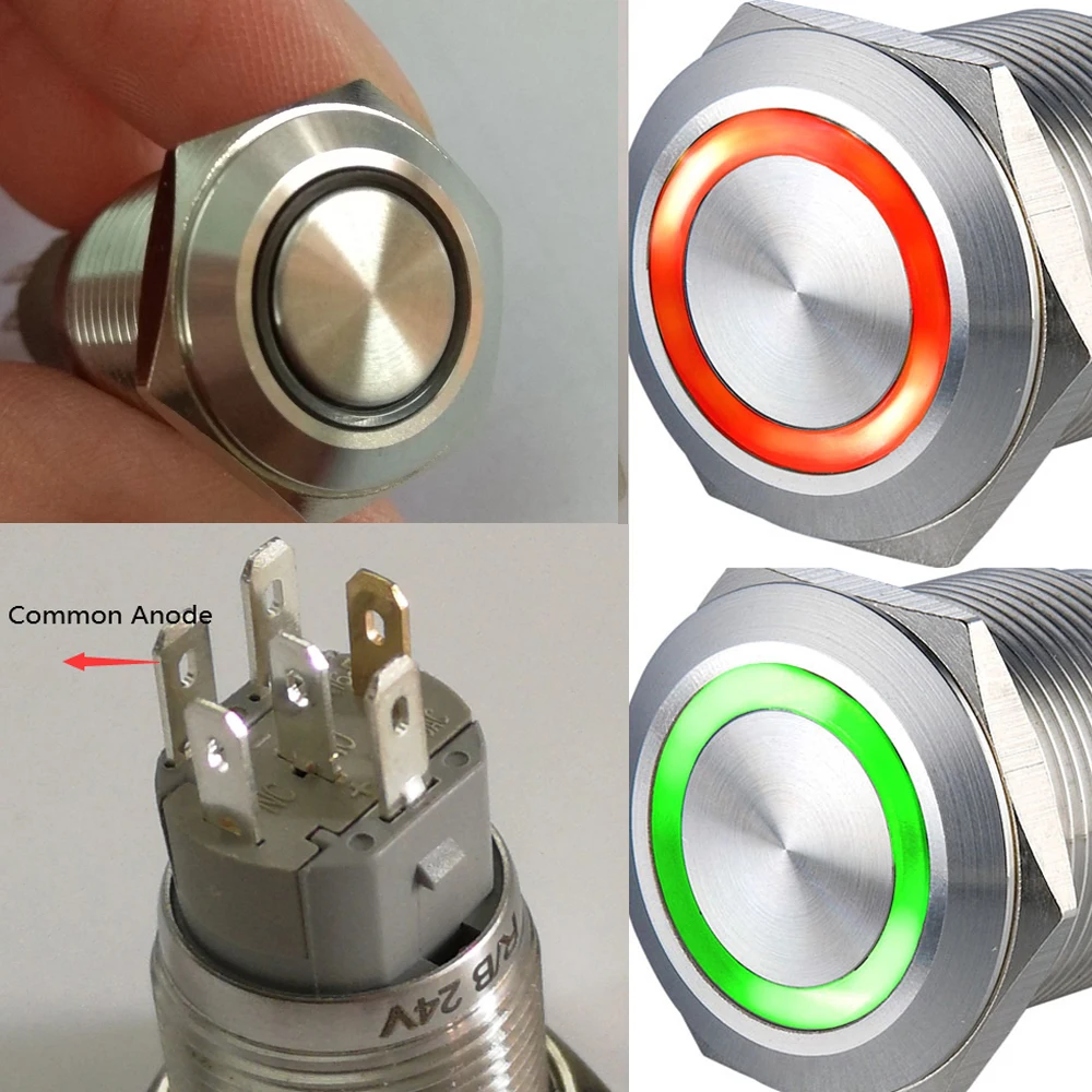 

16mm Anti Vandal Electric Car Metal Switch with Double Color Green/Red 3V 6V 12V 24V Momentary 1no1nc