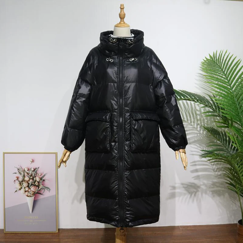 Женский длинный пуховик на белом утином пуху свободная теплая парка с карманами