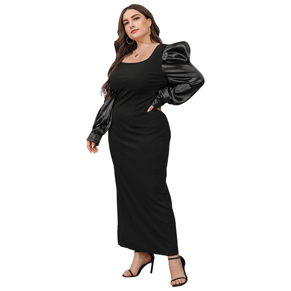 

Plus Size 4XL Puff Sleeve Square Collar Loose High Street Temperament Elegant Dress Gothic Black Party Dress Women 2021 Fashion