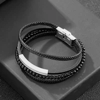 haoyi trendy three color leather bracelet mens multilayer braided rope chain bead bracelets punk jewelry