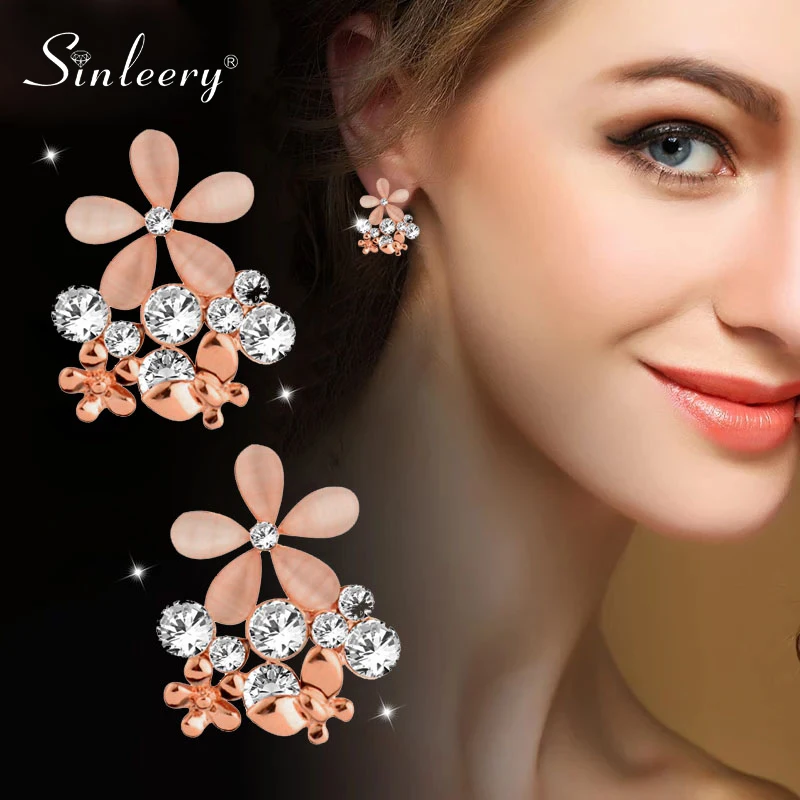 

SINLEERY Charm Women Pink Blue Opal Flowers Earrings Stud Rose Gold Silver Color Crystal Earring Accessories Jewelry ES434 SSP