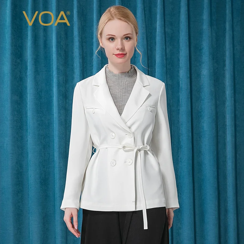

VOA 30m/m Heavy Silk Milk White Lapel Long Sleeve Fake Pocket Double-row Twisted Business Suit Jackets for Women WE61