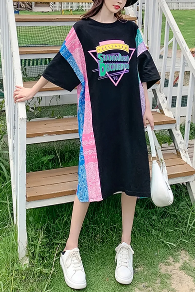 

Summer Patchwork Korean Style Mid Length Dress Women's Short Sleeve Casual Loose Dress Female Large Size T Shirt Dress