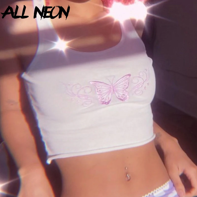 ALLNeon белый топ в стиле панк с вышивкой бабочки спереди Y2K модные укороченные топы