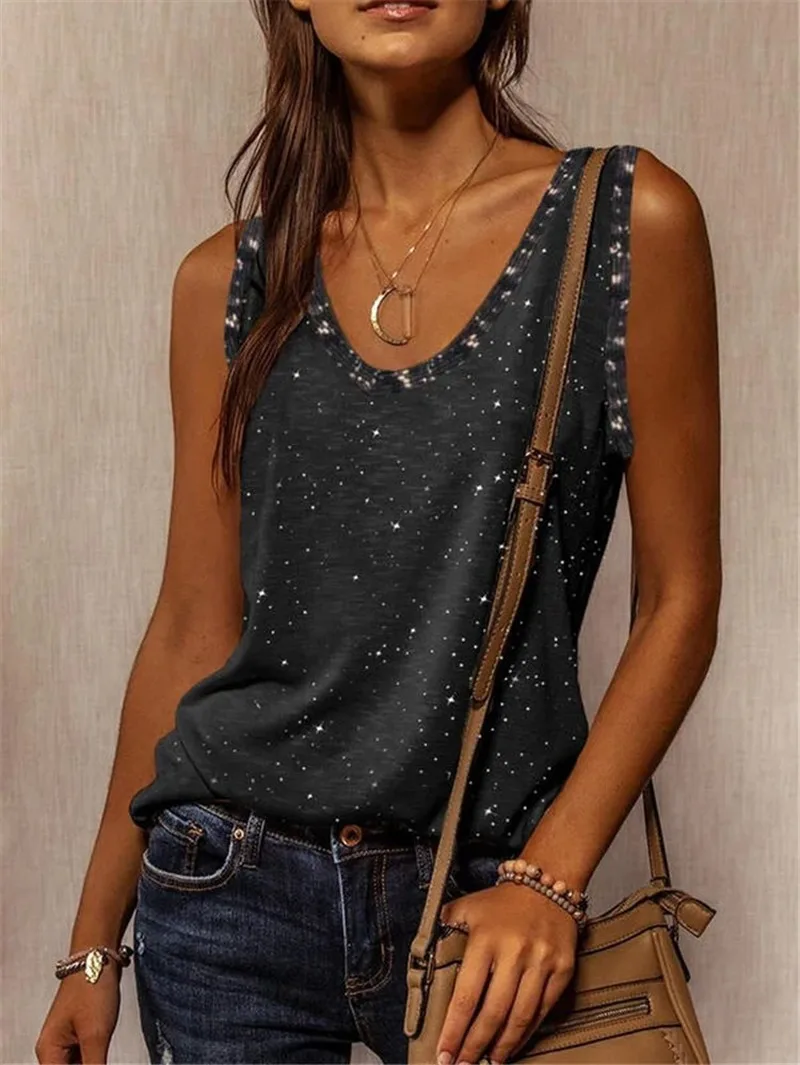 

Midium-Length Printed Vest Women T shirt Sleeveless Vest 3XL Lady T Shirt Casual Loose Vest Fall 2021 Spring
