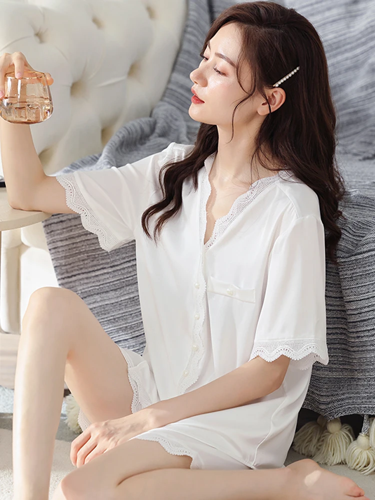 

Women's Pajamas Ice-silk Sleepwear Summer 2Pcs Short Set White Satin Pyjamas Femme Thin Nightwear V-neck Pijama Home Clothes