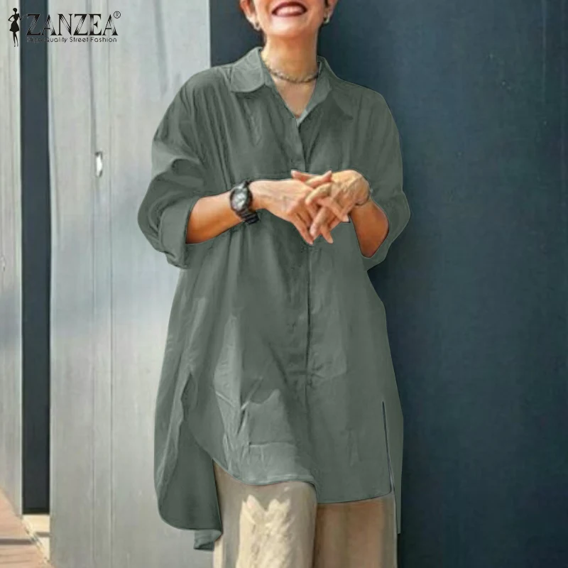 

Свободные богемные элегантные пляжные топы ZANZEA, осенняя женская блузка с длинным рукавом и отложным воротником, рабочая сорочка с высокими ...