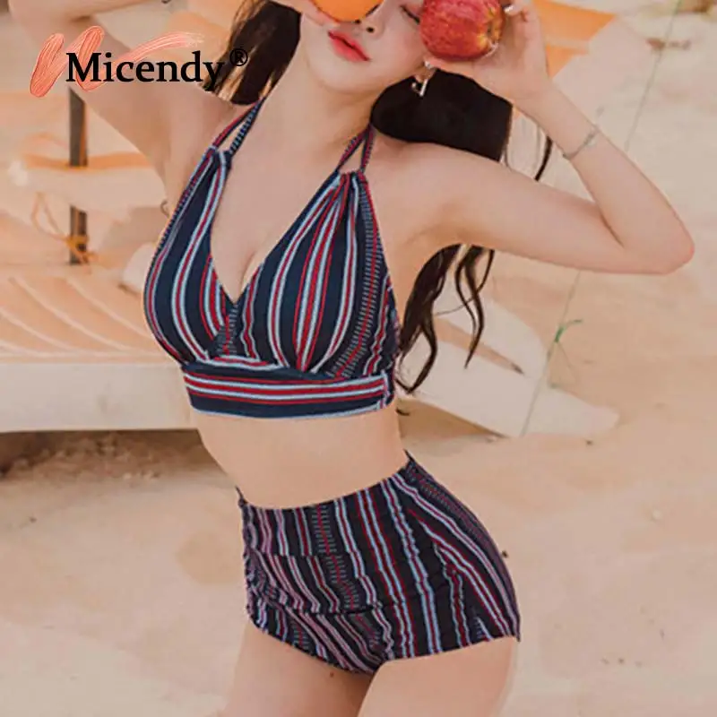 

Micendy High Waist Bikinis Sexy Striped Swimwear Women Halter Top Bather Bathing Suits Swim Korean Swimsuits Deep-V Bikini Sets