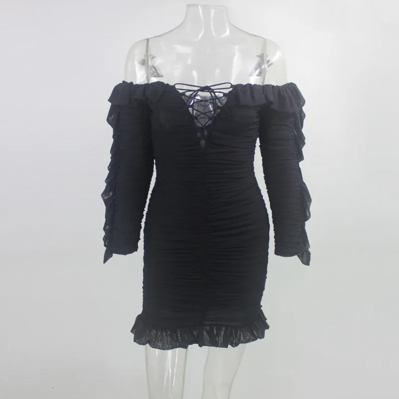 Fuedage осеннее черное сексуальное платье для женщин Бандажное с оборками
