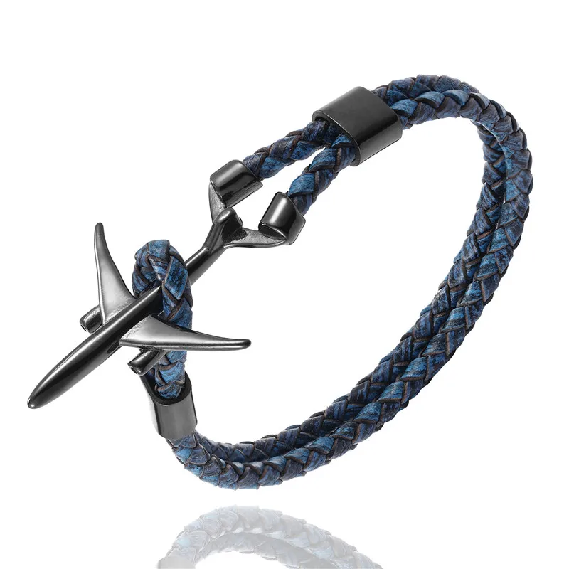 Black Blue MKENDN Hot Sale Stainless Steel Airplane Anchor Bracelets Men Women Genuine Multilayer Leather Bracelet Freestyle Homme Jewelry - Окраска металла: Black Blue