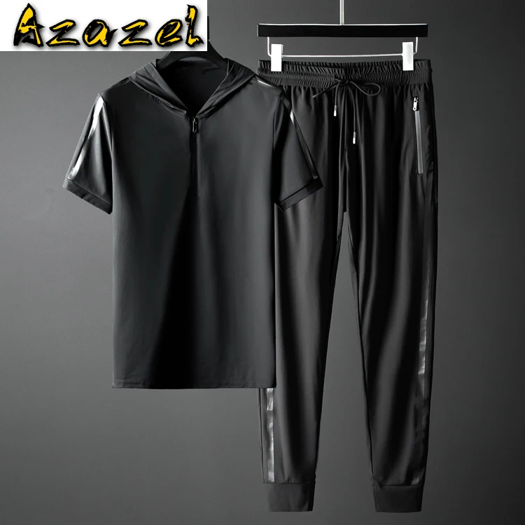 Azazel Summer Mens Sets (t-shirt+pants) Luxury Hooded Short Sleeve Male Tracksuit Plus Size 5xl Slim Fit Sport Casual Man Sets