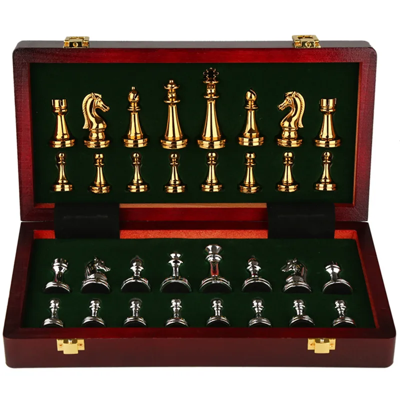 High-end Chess Gift Box Metal Chess Pieces Wooden Chessboard Retro European Style Ornaments Chess