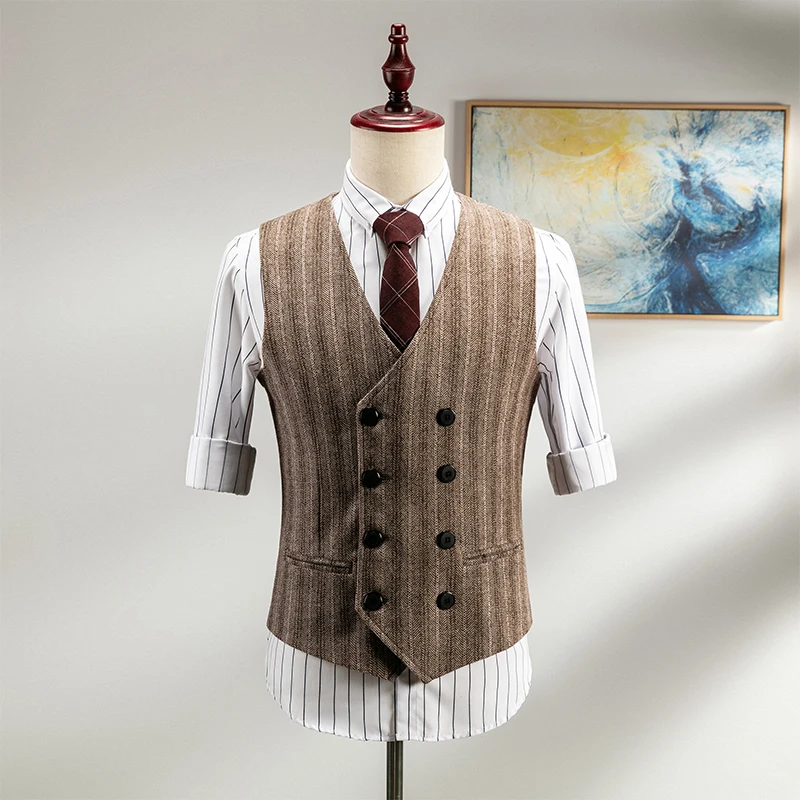 Мужской твидовый жилет двубортный Приталенный в елочку для свадьбы деловой