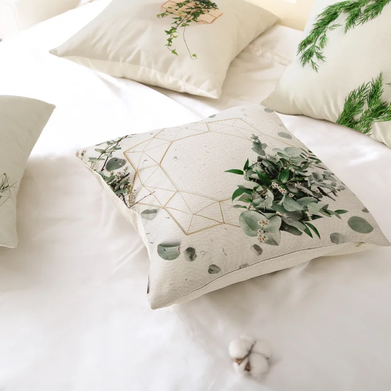 

Home New Chinese Style Pillow Custom Light Color Plant Leaf Linen Pillow Case Sofa Cushion Cover Wholesale