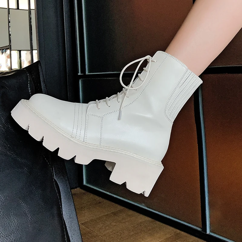 

Thick high heels platform Genuine Leather Women Ankle Boots Punk Motorcycle Boots Party Shoes Woman Female Short Boots