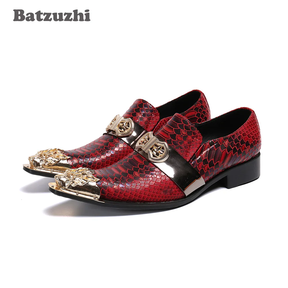 Batzuzhi Luxury Handmade Men's Leather Dress Shoes Metal Cap Fashion Men's Shoes Red Party/Wedding/Runway Shoes Men Zapatos Homb