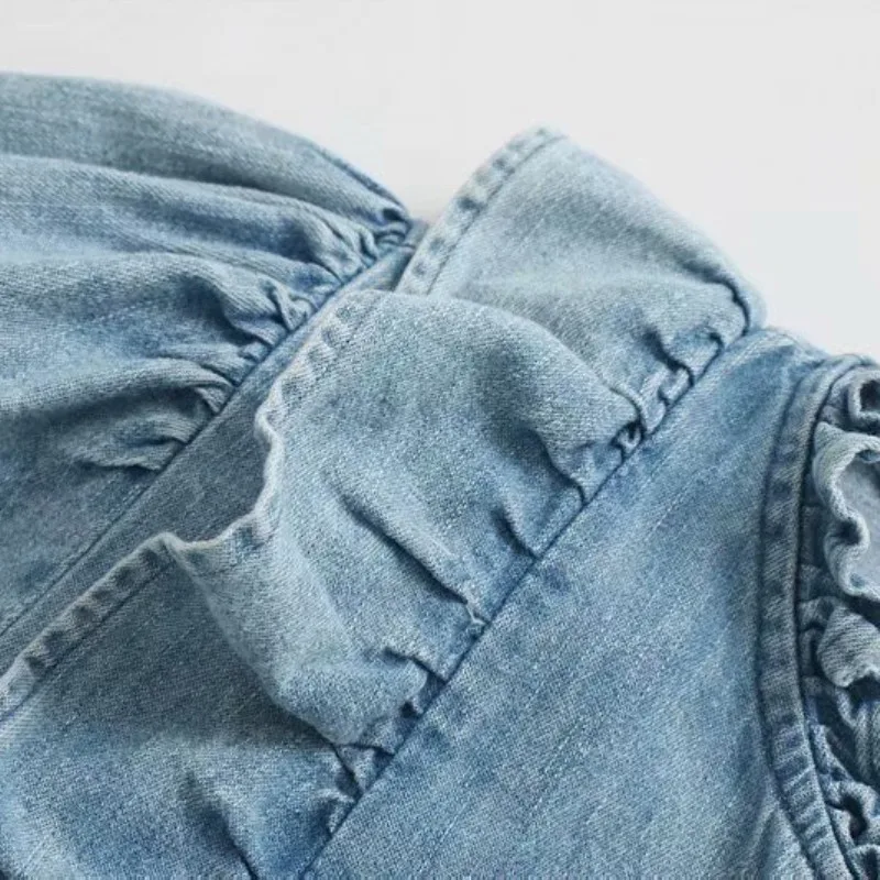 Женская Джинсовая блузка с оборками NSZ синяя пышными рукавами и v образным