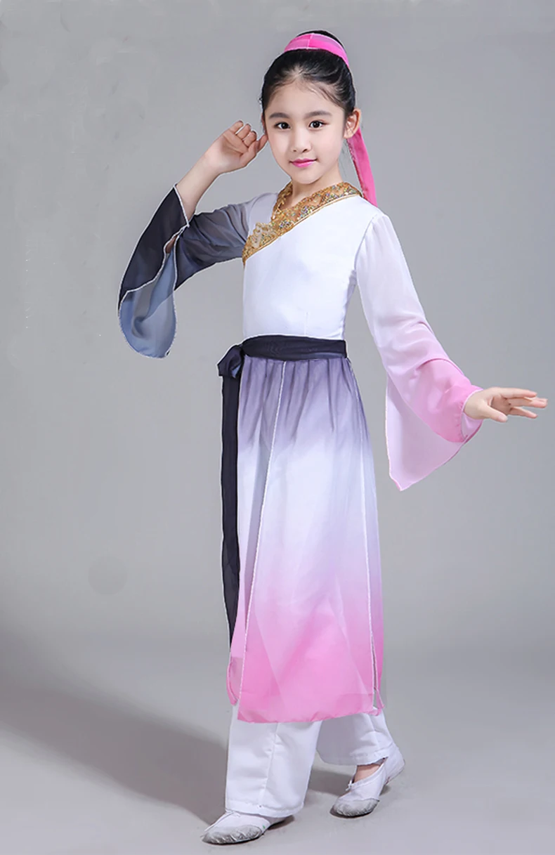 Китайский народный детский танцевальный костюм Yangko Dance Cotsume Восточный веер Одежда для танцев зонтик одежда для танцоров этнический сценический наряд 90