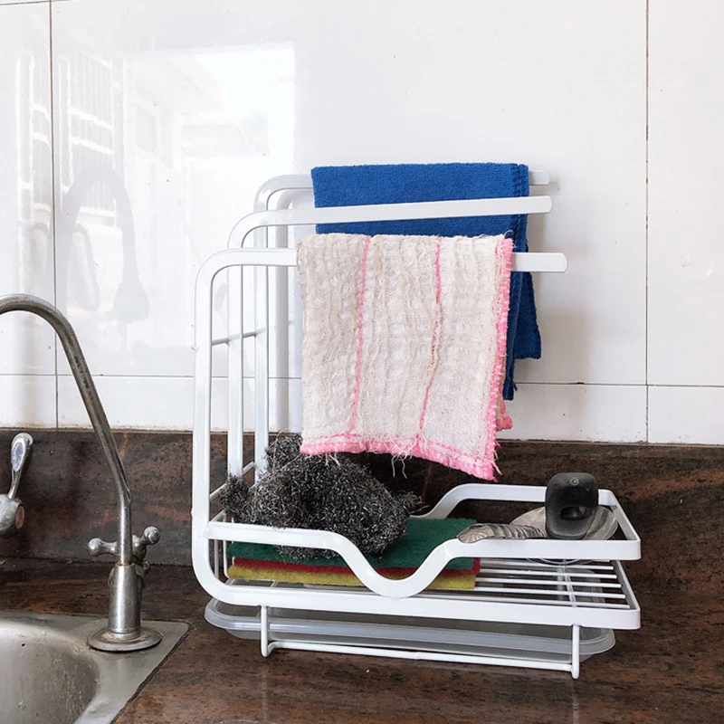 

1Pcs Sponge Drain Storage Rack With Water Tray Wall Mounted Sink Rag Rack Kitchen Counter Shelf Display Stand Kitchen Tools
