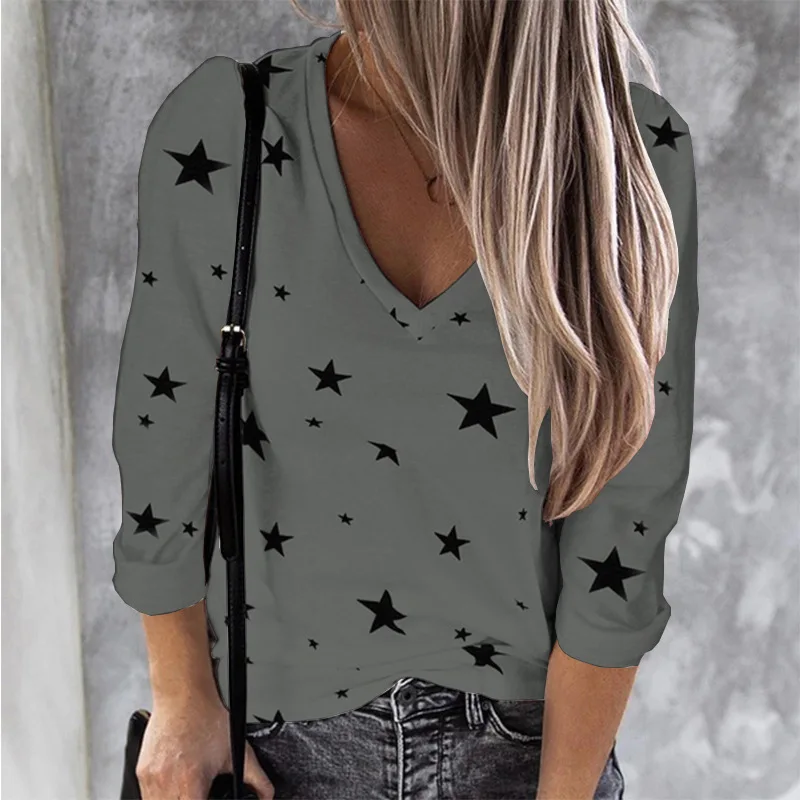 

V-neck digital printing Star Long Sleeve T-shirt for women in autumn and winter