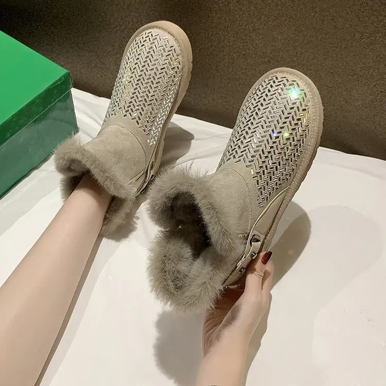 

Snow boots women's winter Plush 2020 new one legged fashion diamond students' thickened warm cotton shoes