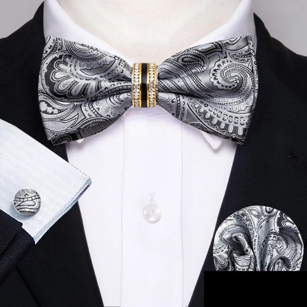 

Серебряный шелковый галстук-бабочка Пейсли для мужчин свадебные аксессуары Регулируемая бабочка ручка съемное кольцо с бриллиантами комп...