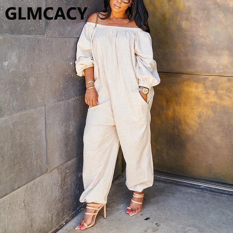 

Women Long Sleeve Off Shoulder Casual Solid Wide Jumpsuit