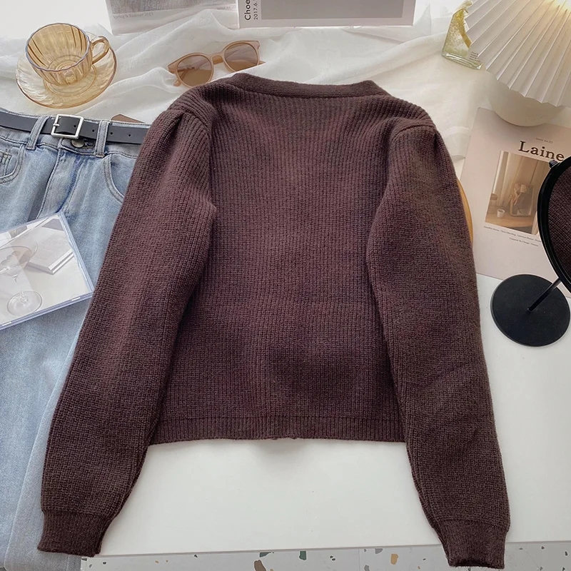 Harajpoo Cardigan Woman Japanese Preppy Style Fall Winter 2021 New Badge Embroidery V Neck Long Sleeve Knit Blue Vintage Sweater |